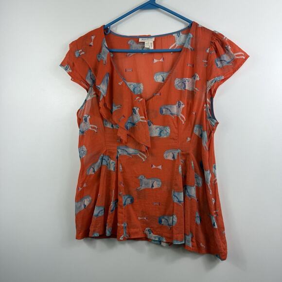 Anthropologie Meadow Rue Orange Dog Print Blouse 10P Ruffle Pleated Sheer Cotton - Picture 15 of 15